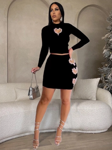 Rhinestone Heart Shaped Cutout Ribbed Knit Long Sleeve Crop Top And Bodycon Mini Skirt Sexy Streetwear Women