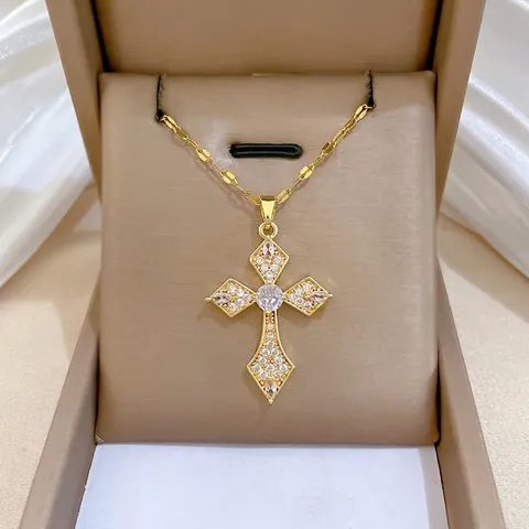 Collana Con Pendente A Croce Di Lusso Micro Incastonata Zirconia Cubica Marquise Brillante Gioielli In Acciaio Inox Per Donna