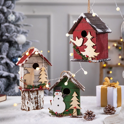 Ornamenti Sospesi Casetta Uccelli Natale Legno Pupazzo Di Neve Babbo Natale Decorazione Effetto Neve Casa Festa Tradizionale
