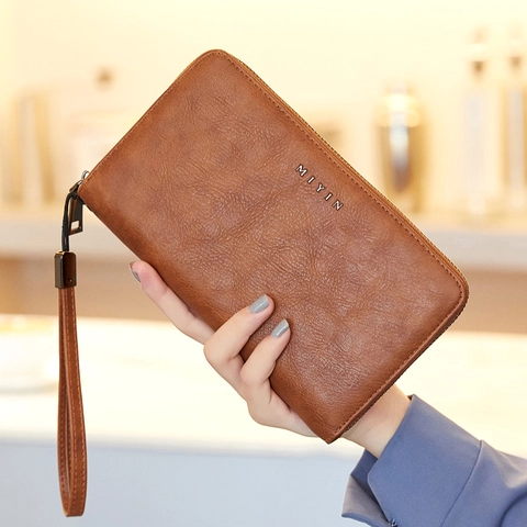 Portafoglio Lungo Da Donna Blocco RFID Pelle PU Vintage Grande Capacità Pochette Con Cinturino Da Polso Retro Cerniera