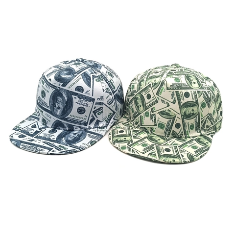 Snapback Baseball Cap Polyester Money Pattern Print Hip Hop Flat Brim Adjustable Novelty Hat For Men Women