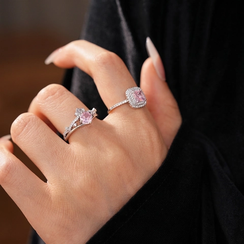 Square Crown Pink Zircon Open Ring Adjustable Copper Jewelry For Women Luxury Fashion Elegant Finger Accessories