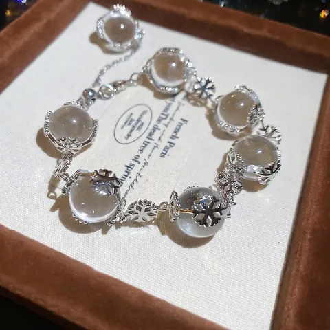 Bracciale Di Perline Fiocco Di Neve Lega Di Rame Con Perle Di Cristallo Di Vetro Trasparente Gioielli Eleganti Stile Invernale Donne