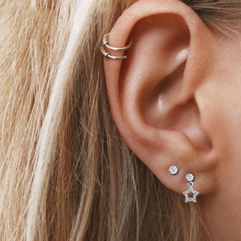 Stainless Steel Zircon Cartilage Stud Earrings Heart Flower Star Helix Tragus Piercing Jewelry For Women Elegant Trendy