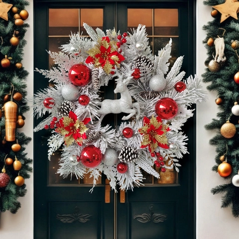 Ghirlanda Di Natale Innevata Bianca Con Renna Argentata Palle Rosse Pigne Decorazione Per Porta E Parete