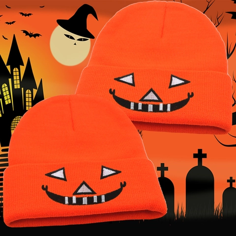 Halloween Pompoen Geborduurde Gebreide Muts Winter Warm Acryl Glimlach Skelet Schedel Muts Voor Heren Dames Festival Kostuum Feest