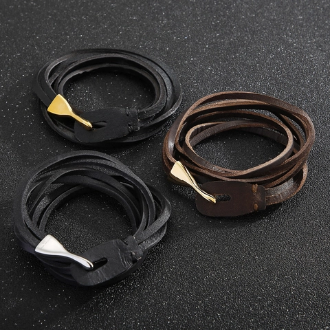 Bracciale Avvolgente Multistrato Da Uomo In Vera Pelle Acciaio Inossidabile Fibbia A Amo Gioielli Vintage