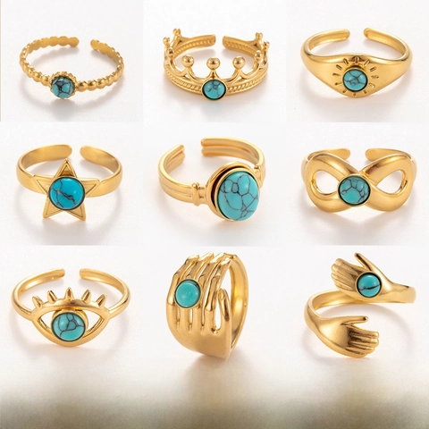 Vintage Verstellbarer Ring Goldbeschichtet Edelstahl Natürlicher Türkisstein Krone Böser Blick Stil Für Damen