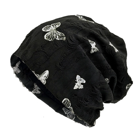Butterfly Print Distressed Slouchy Beanie Hat Polyester Y2K Streetwear Hollow Out Breathable Casual Accessories Women