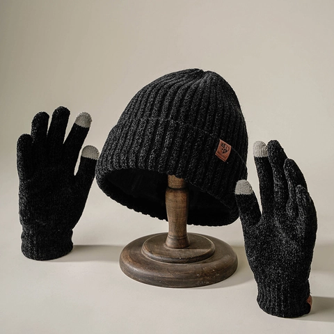 Gorro De Punto De Invierno Y Guantes Táctiles Cálido Acrílico Acanalado Casual Exterior Para Hombres Mujeres