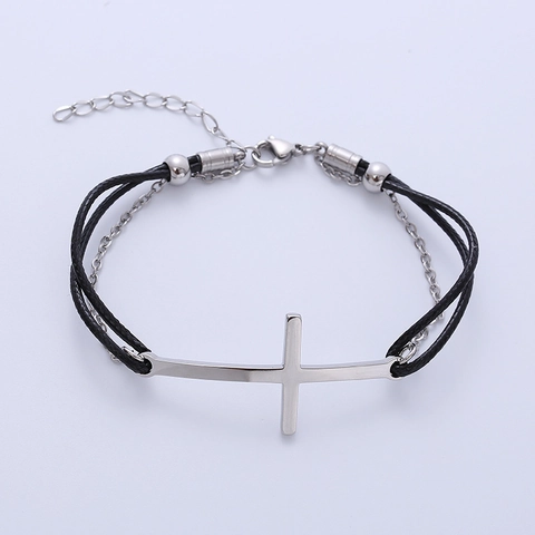 Horizontal Cross Braided Bracelet 316L Stainless Steel Adjustable Rope Cord Minimalist Religious Jewelry For Women Men
