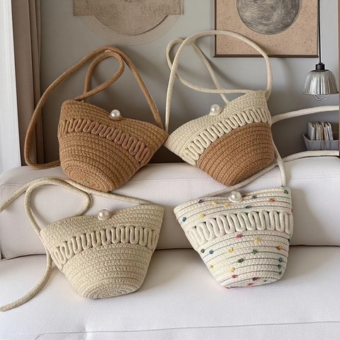 Handmade Woven Bucket Bag Cotton Thread Straw Style Crossbody Shoulder Purse With Faux Artificial Pearl Button For Women Summer Beach
