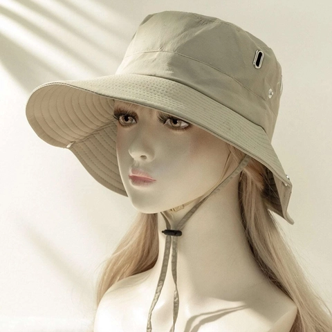 Wide Brim Bucket Hat Sun Protection Breathable Cotton Polyester Outdoor Hiking Fishing With Adjustable Windproof Rope