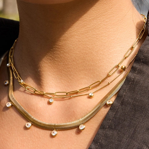 Stainless Steel Necklace For Women Gold Plated Snake Chain With Round Cubic Zirconia Pendant Minimalist Dainty Jewelry