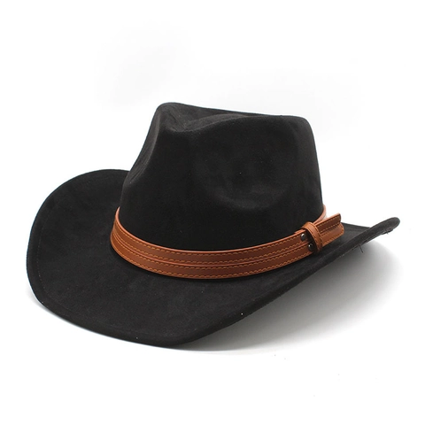 Western Cowboy Hat Suede Polyester Wide Brim Retro Ethnic Style With Leather Belt Rivets For Outdoor Sun Protection