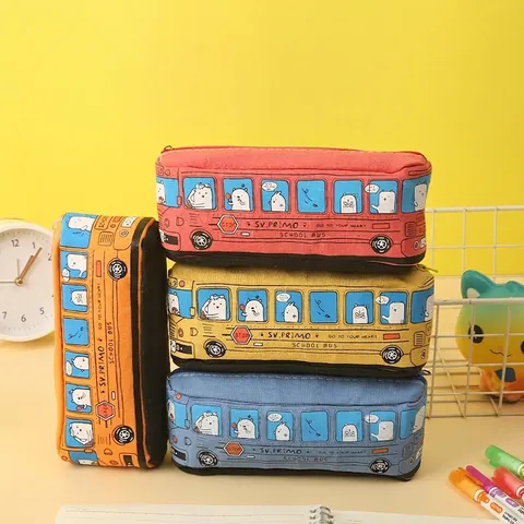 Cartoon School Bus Shape Pencil Case Canvas Large Capacity Stationery Pouch For Students Kids Zip Closure