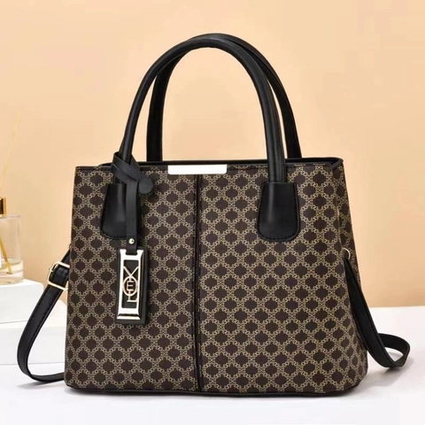 Women Vintage Monogram Printed PU Leather Handbag Large Capacity Top Handle Shoulder Crossbody Bag With Metal Charm