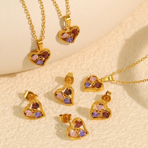 Luxury Stainless Steel Heart Necklace And Earrings For Women Colorful Zirconia Inlaid Gold Plated Fashion Jewelry Gifts