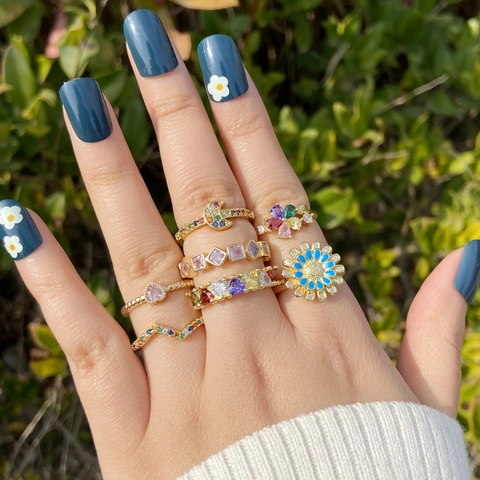 Verstellbarer Offener Ring Kupfer Zirkonia Bunt Herz Mond Gänseblümchen Emaille Zierlicher Modeschmuck Für Damen