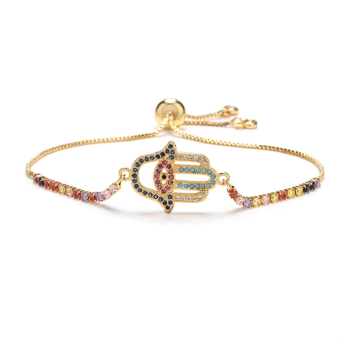 Vergoldetes Kupfer Böser Blick Hamsa Hand Verstellbares Slider Armband Für Damen Regenbogen Zirkonia Herz Mond Schmuck