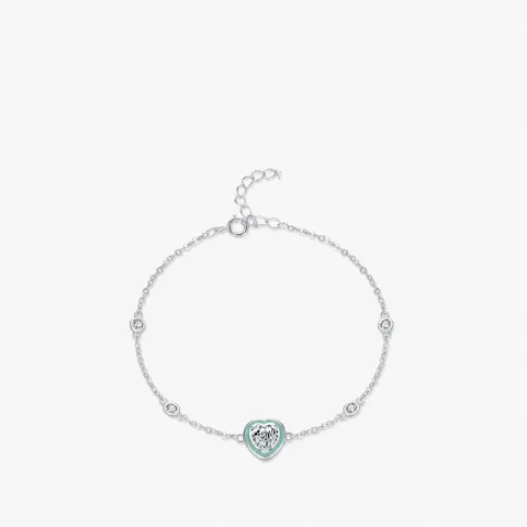 925 Sterling Silver Heart Pendant Bracelet Mint Green Enamel Cubic Zirconia Adjustable Jewelry For Women