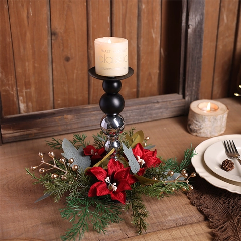Christmas Candle Ring Wreath Artificial Poinsettia Eucalyptus Red Berries Pine Cones For Table Centerpiece Holiday Party Decor