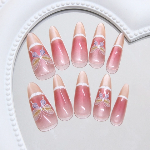 Handgemachte Press On Nails ABS Katzenauge Schmetterling Französisch Blush Farbverlauf Lange Mandelform Elegante Künstliche Nägel