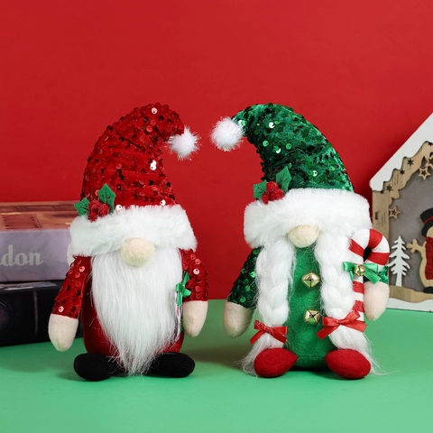 Gnomo di Natale con Cappello di Paillettes Bambola Rudolph Senza Volto Statuetta Decorazione da Tavolo Ornamento per la Casa Rosso Verde