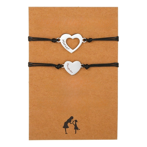 Braccialetto in Corda Intrecciata in Acciaio Inossidabile Ciondolo a Cuore Madre Figlia Braccialetti Regolabili Dell'amicizia Con Carta Donna Ragazza
