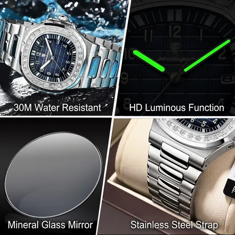 Poedagar Luxury Men's Quartz Watch Luminous Waterproof Stainless Steel Strap Square Case Calendar Rhinestone Business Wristwatch