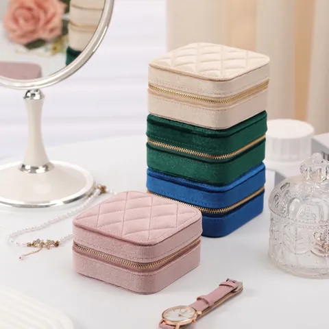 Portagioie Portatile in Velluto Trapuntato a Rombi Mini Custodia da Viaggio Con Specchio per Anelli Orecchini Collane Donna