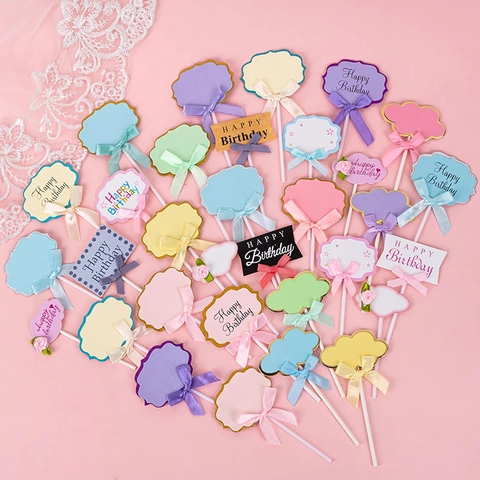 Happy Birthday Cake Toppers Cloud Shape Paper Flags With Ribbon Bows Writable Blank Cupcake Decoration Inserts