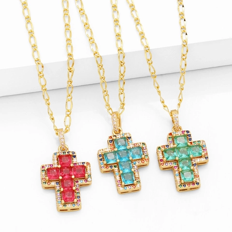 Collana Con Pendente A Croce Con Zirconi Colorati Ottone Placcato Oro Catena Figaro Gioielli Religiosi Hip Hop