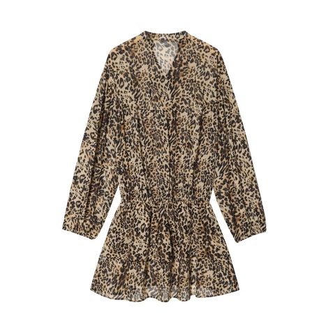 Vestito Corto Leopardato Maniche Lunghe Scollo A V Con Volant Chiffon Poliestere Moda Festa Abbigliamento Donna