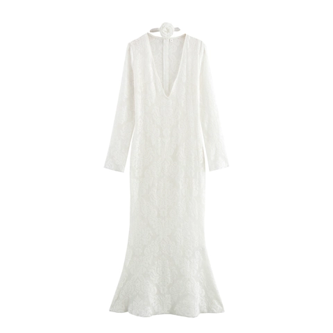 Elegant White Lace Jacquard V Neck Long Sleeve Mermaid Maxi Dress With Flower Choker Sexy Slim Fit Evening Gown