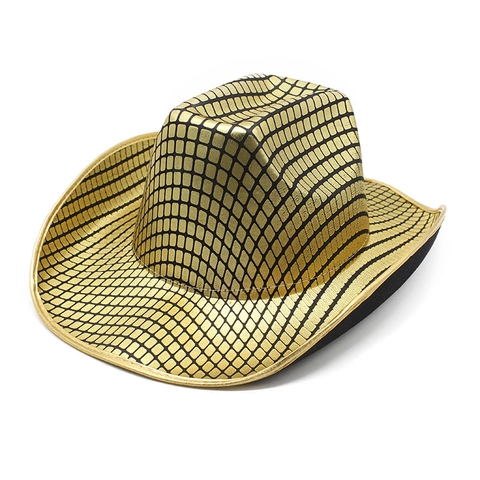 Western Cowboy Hat Metallic Grid Pattern Disco Style Wide Brim Polyester Cotton Blend Adjustable Drawstring Unisex