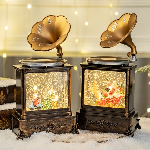 Vintage Gramophone Christmas Snow Globe Music Box LED Light Swirling Glitter PVC Resin Ornament Festival Home Decor