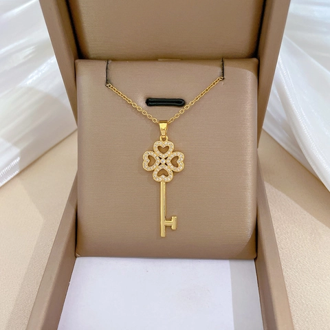 Klavertje Sleutel Hanger Ketting Roestvrijstalen Ketting Koper Micro-Zirkonia Sleutelbeenketting Voor Dames