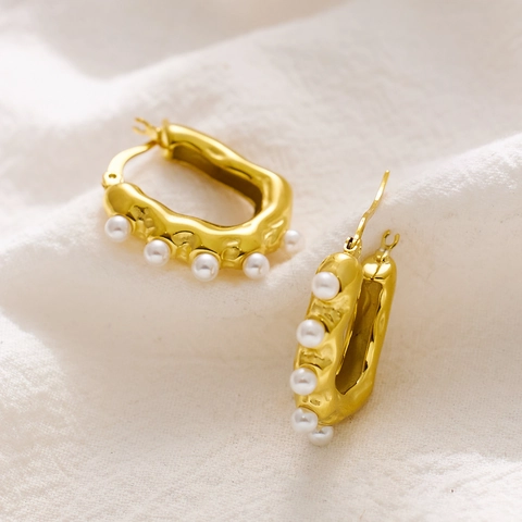 Boucles d'Oreilles Créoles Françaises Rétro Baroques Perles Artificielles Femmes Acier Titane Inoxydable Irrégulier Géométrique Or