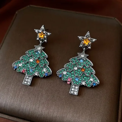 Christmas Tree Drop Earrings Alloy Rhinestone With 925 Sterling Silver Earring Post Elegant Holiday Jewelry For Women