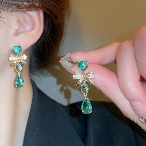 Pendientes Vintage Corazón Gota De Agua Verde Esmeralda Cobre Circón Lazo Con Poste De Plata De Ley 925 Para Mujeres