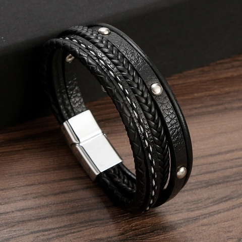Bracciale In Pelle Multistrato Da Uomo Intrecciato Stile Punk Con Chiusura Magnetica In Acciaio Inossidabile Rivetti In Lega Nero