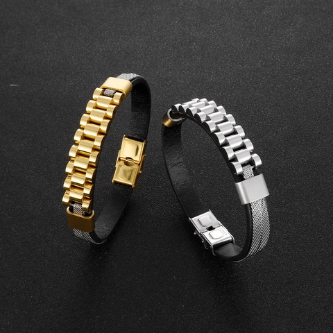 Pulsera Hombre Acero Inoxidable Y Cuero Microfibra Estilo Correa De Reloj Hip Hop Joyería Industrial Moderna Cierre Plegable
