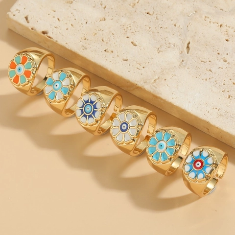 14K Gold Plated Copper Zircon Enamel Flower Evil Eye Adjustable Ring For Women Fashion Colorful Drip Oil Finger Jewelry Gift