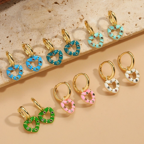 Vintage Copper Enamel Heart Drop Earrings For Women Colorful Zirconia Inlaid Electroplated Retro Ethnic Fashion Ear Rings