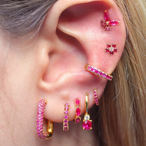 Fuchsia Zirkonia Oorbellen Vlinder Bloem Geometrisch Verguld Koper S925 Sterling Silver Earring Post Dames