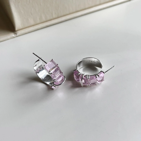 Orecchini A Forma Di C Con Perno In Argento Sterling 925 E Zircone Rettangolare Rosa Gioielli Stile Coreano INS