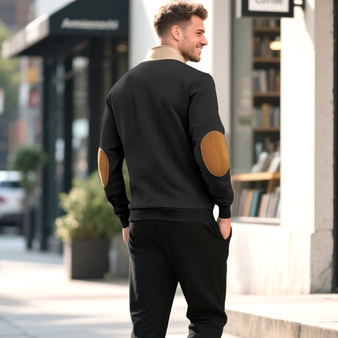 Men Half Zip Sweatshirt Fleece Lined Stand Collar Retro Elbow Patches Warm Casual Long Sleeve Pullover Top