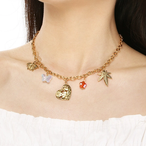 Stainless Steel Charm Necklace With Flower Heart Bee Butterfly Fruit Pendants Pastoral Jewelry For Women