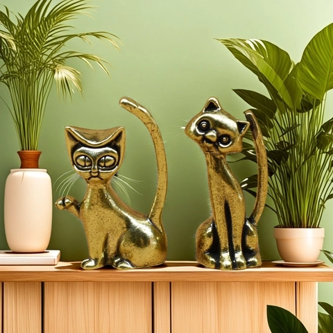 Retro Messing Kattenbeeldjes Metalen Abstracte Dierenbeelden Desktop Decor Creatief Cadeau Ornament